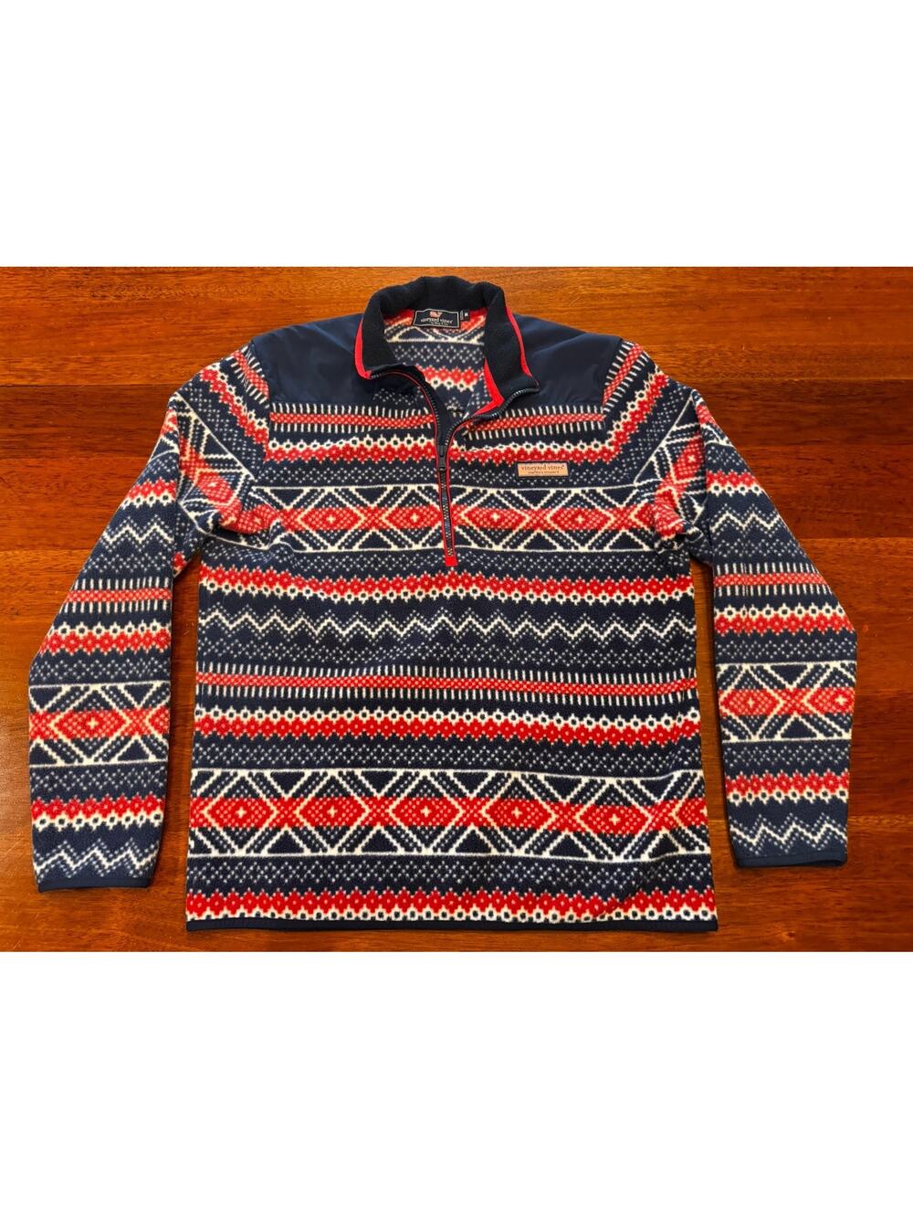 Medium Vineyard Vines Fleece Quarter Zip Nordic Snowflake Blue Red White Ski